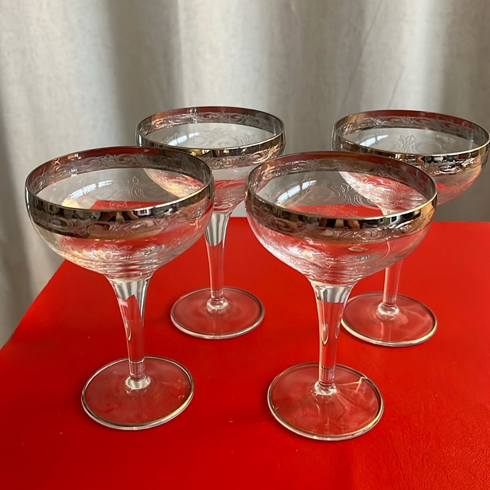 VTG Engraved Murano Champagne Coupe Glasses with Silver Rim, 1940, Set of 4
